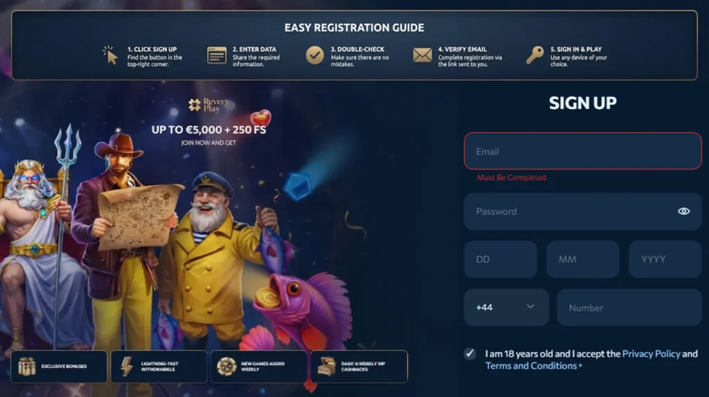 Signup steps for Revery Play UK account to join the casino